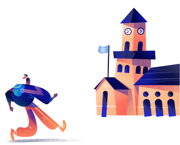 Student jumping with school building in background